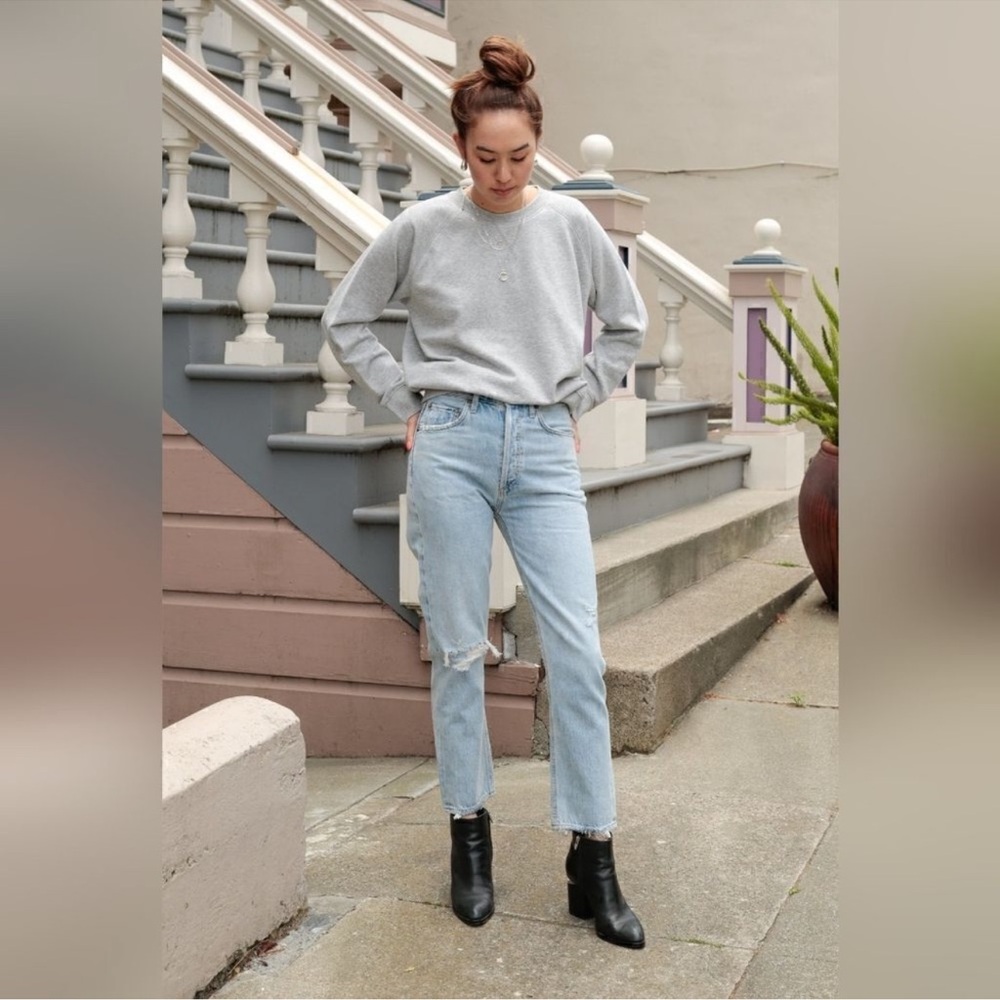 Agolde Sz 26 Riley Jeans High Rise Straight Crop Distressed Shatter Light Blue - Picture 2 of 7